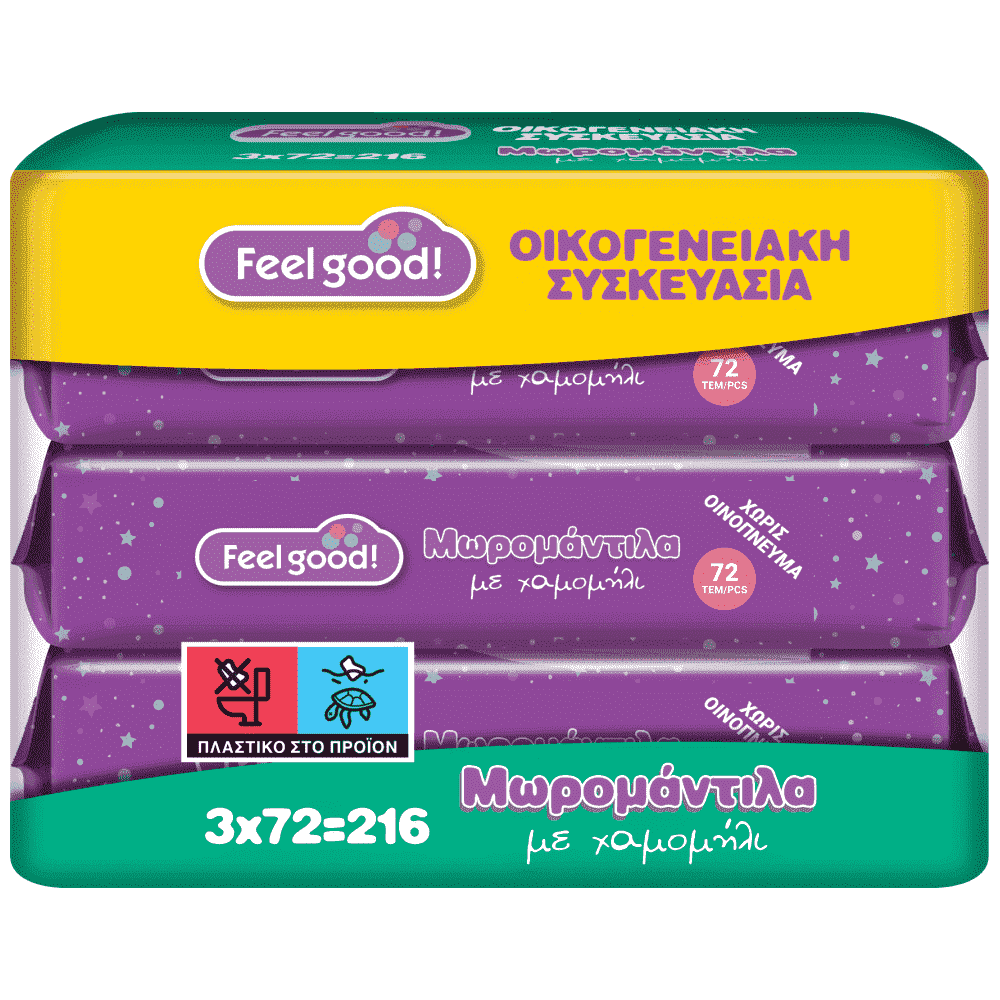 Feel Good Μωρομάντηλα Χαμομήλι Οικογενειακή Συσκευασία 3x72τέμ