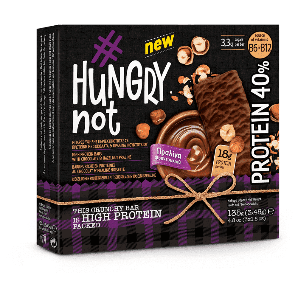 Hungrynot Μπάρες Πρωτεΐνης Σοκολάτα Πραλίνα Φουντουκιού 135gr